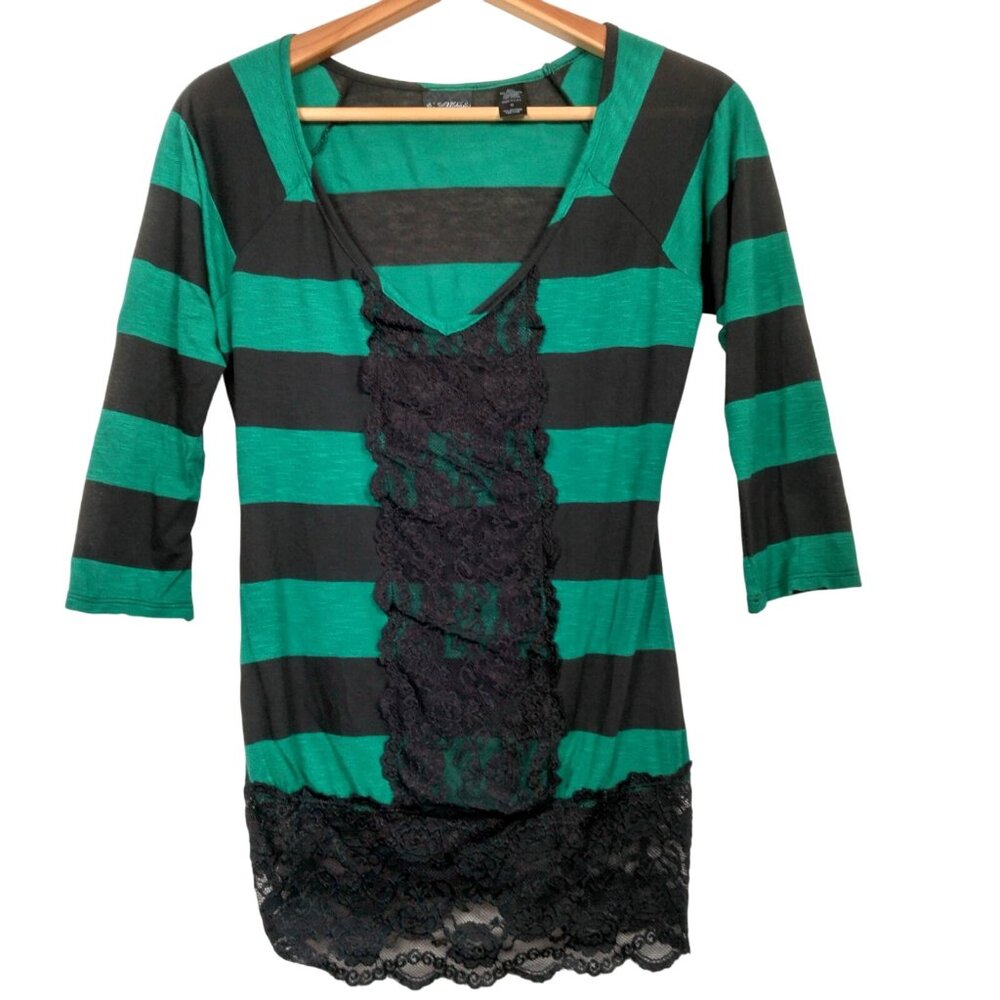 Vintage Y2K Daytrip Shirt Medium Green Black Strriped Deep V Neck Slim Lace Trim